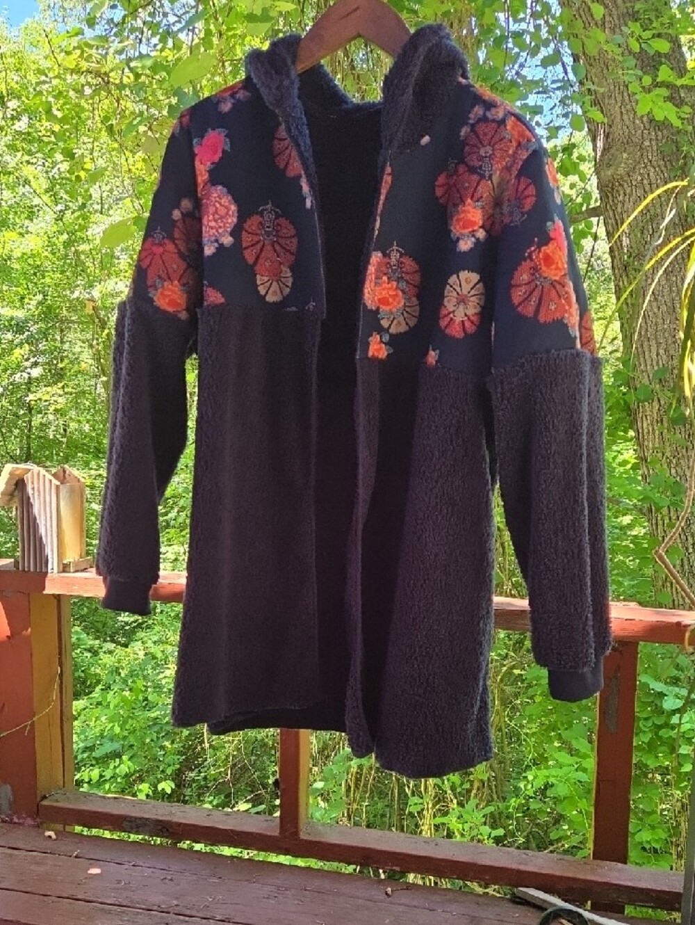 Source Unknown Black Hooded Faux-Shearling Coat with Floral Shoulder Accents